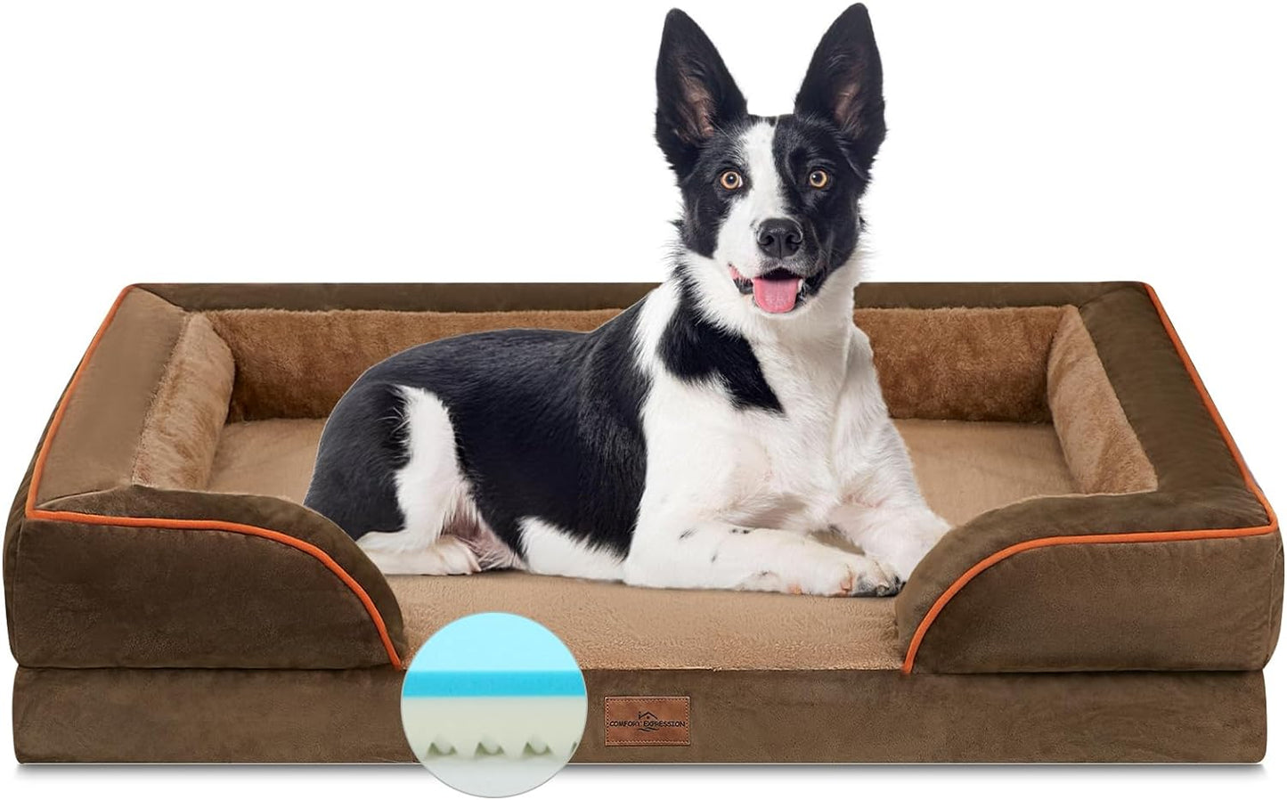 Cooling Dog Bed Orthopedic, Memory Foam Dog Bed for Large Dogs, Waterproof Dog Beds, Washable Dog Bed with Removable Cover,Pet Bed Dog Sofa with Bolster(Large,Khaki Brown)