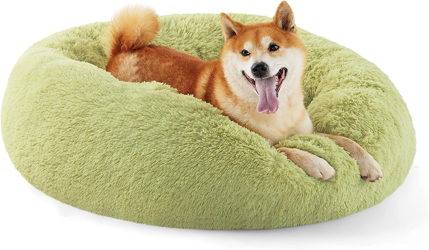 Bedsure Calming Dog Bed for Medium Dogs - Donut Washable Medium Pet Bed, Anti-Slip round Fluffy Plush Faux Fur Cat Bed, Fits up to 45 Lbs Pets, Green, 30 Inches