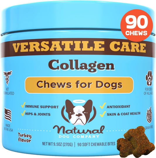 Natural Dog Company Collagen Chews for Dogs - Enhanced with Eggshell Membrane - Unique 4-Type Collagen Blend for Mobility, Hip, Joint, Skin & Coat Support - with Vitamin C and Hyaluronic Acid -90 Ct