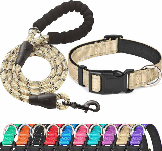 Reflective Dog Collar Padded with Soft Neoprene Breathable Adjustable Nylon Dog Collars for Small Medium Large Dogs (X-Small (Pack of 1), Vanilla Collar+Leash)