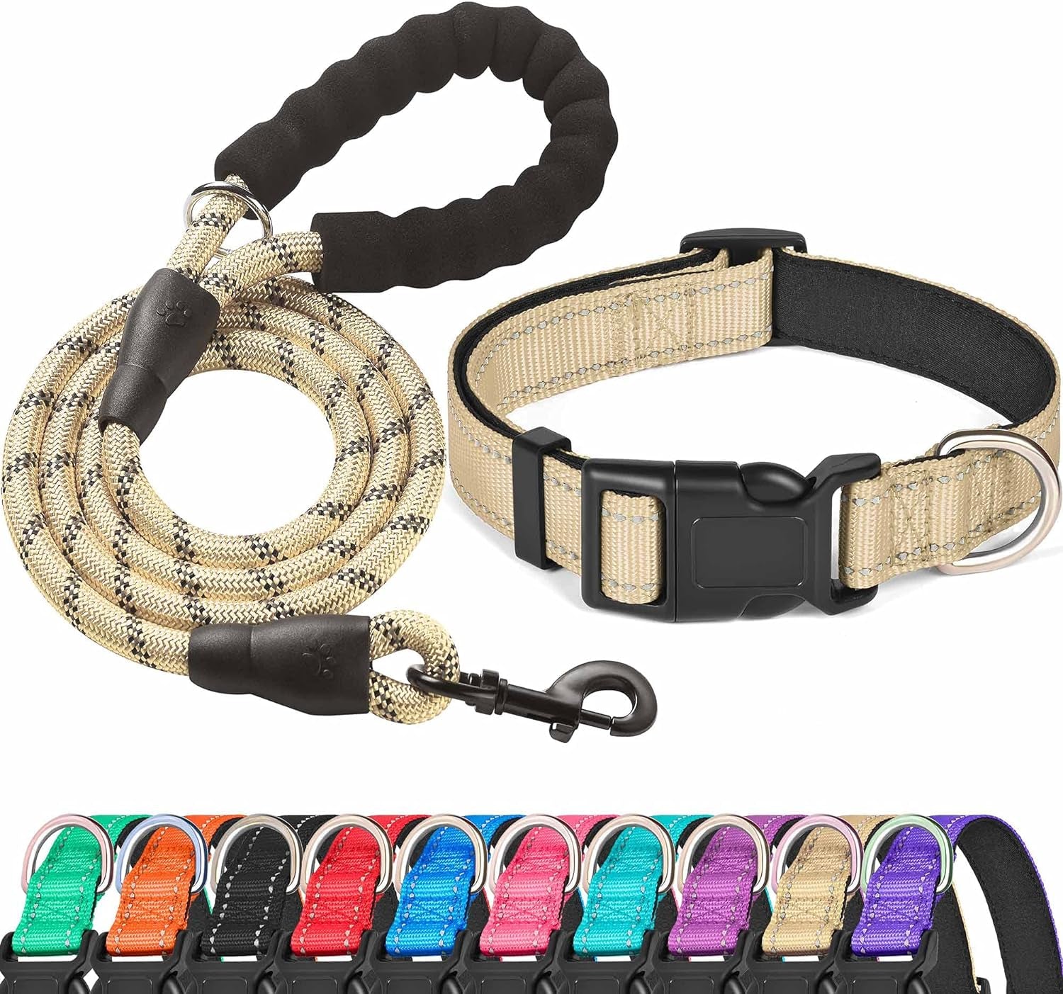 Reflective Dog Collar Padded with Soft Neoprene Breathable Adjustable Nylon Dog Collars for Small Medium Large Dogs (Small (Pack of 1), Vanilla Collar+Leash)