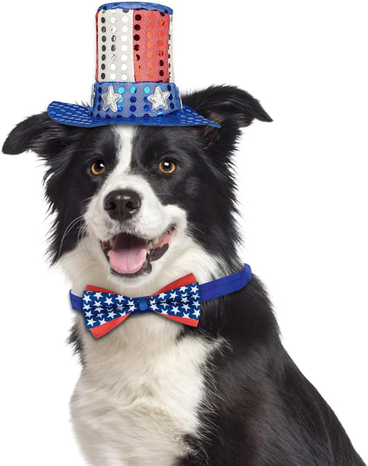 Independence Day Pet Dog Hat Accessories 2Pcs, American Flag Hat and Bow Tie Costume, Dog Patriotic Fourth of July Dog Outfit, Memorial Dayt Dog and Cat Top Hat Outfit, Puppy Kitten 2Pcs