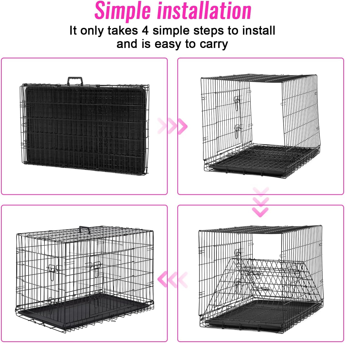 FDW Dog Crate Dog Cage Pet Crate for Large Dogs Folding Metal Pet Cage Double Door W/Divider Panel Indoor Outdoor Dog Kennel Leak-Proof Plastic Tray Wire Animal Cage (Black, 48 Inch)