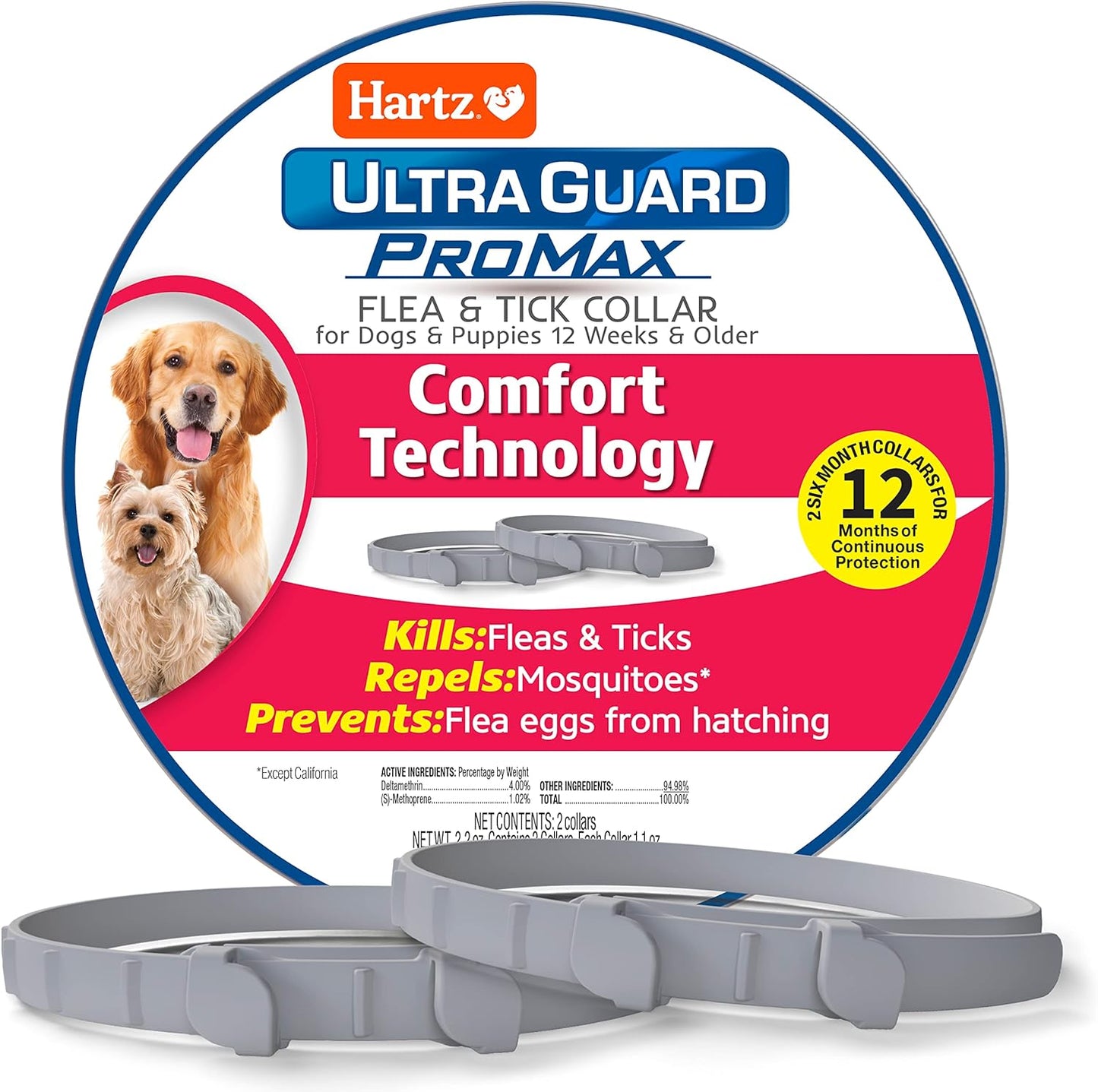 Hartz Ultraguard Promax Flea & Tick Collar for Dogs I 12 Months Protection I Soft & Comfortable Flea & Tick Prevention I 2 Pack,Gray