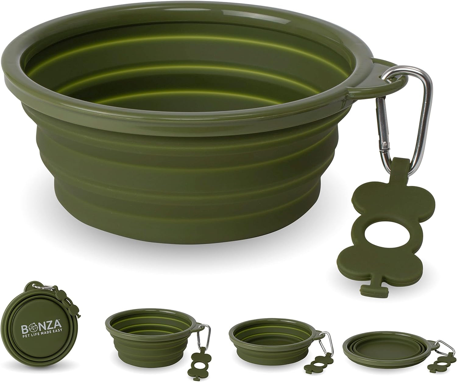 Extra Large Collapsible Dog Bowl 1500 Ml, Sturdy Reinforced Rim, Includes Carabiner & Water Bottle Holder Keychain, Moss Green