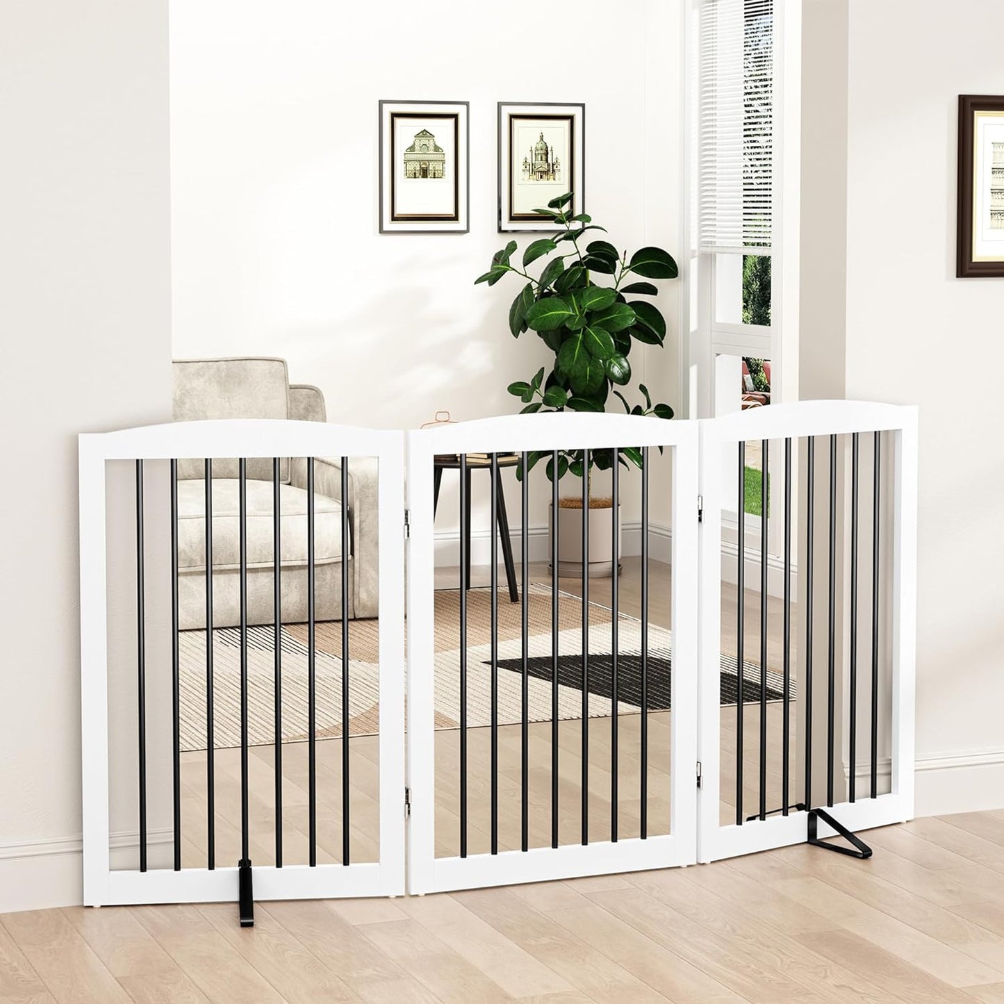 Freestanding Pet Gate for Dogs, Foldable Wooden Dog Gate for House Indoor, Tall Dog Gate for Stair, Doorway,Hall, Step over Pet Puppy Safety Fence, Support Feet Included, 3 Panels 32",White