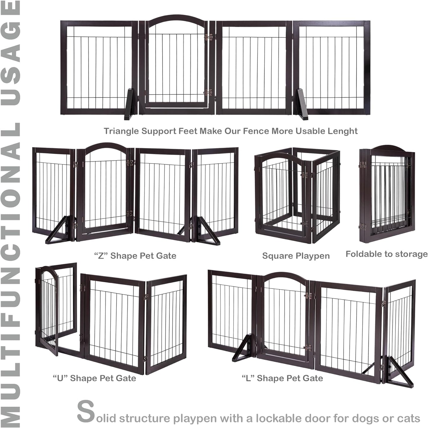 Spirich Freestanding Wire Pet Gate for Dogs, 30 Inches Tall Dog Gate for the Houes, Doorway, Stairs, Pet Puppy Safety Fence, Espresso, 3 Panels (No Include Support Feet)