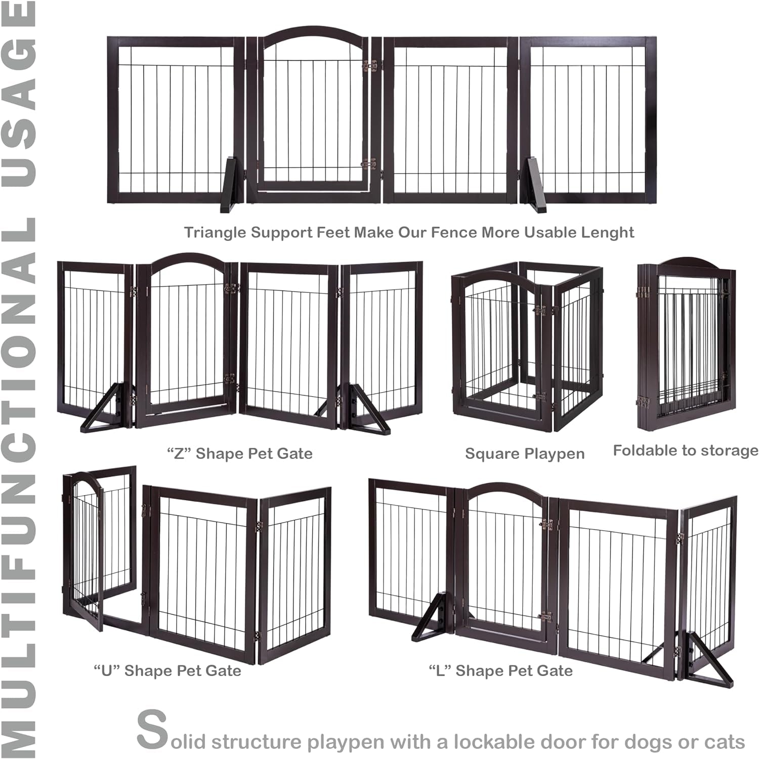 SPIRICH 96-Inch Extra Wide 30-Inches Tall Dog Gate with Door Walk Through, Freestanding Wire Pet Gate for the House, Doorway, Stairs, Pet Puppy Safety Fence, Support Feet Included(Espresso)