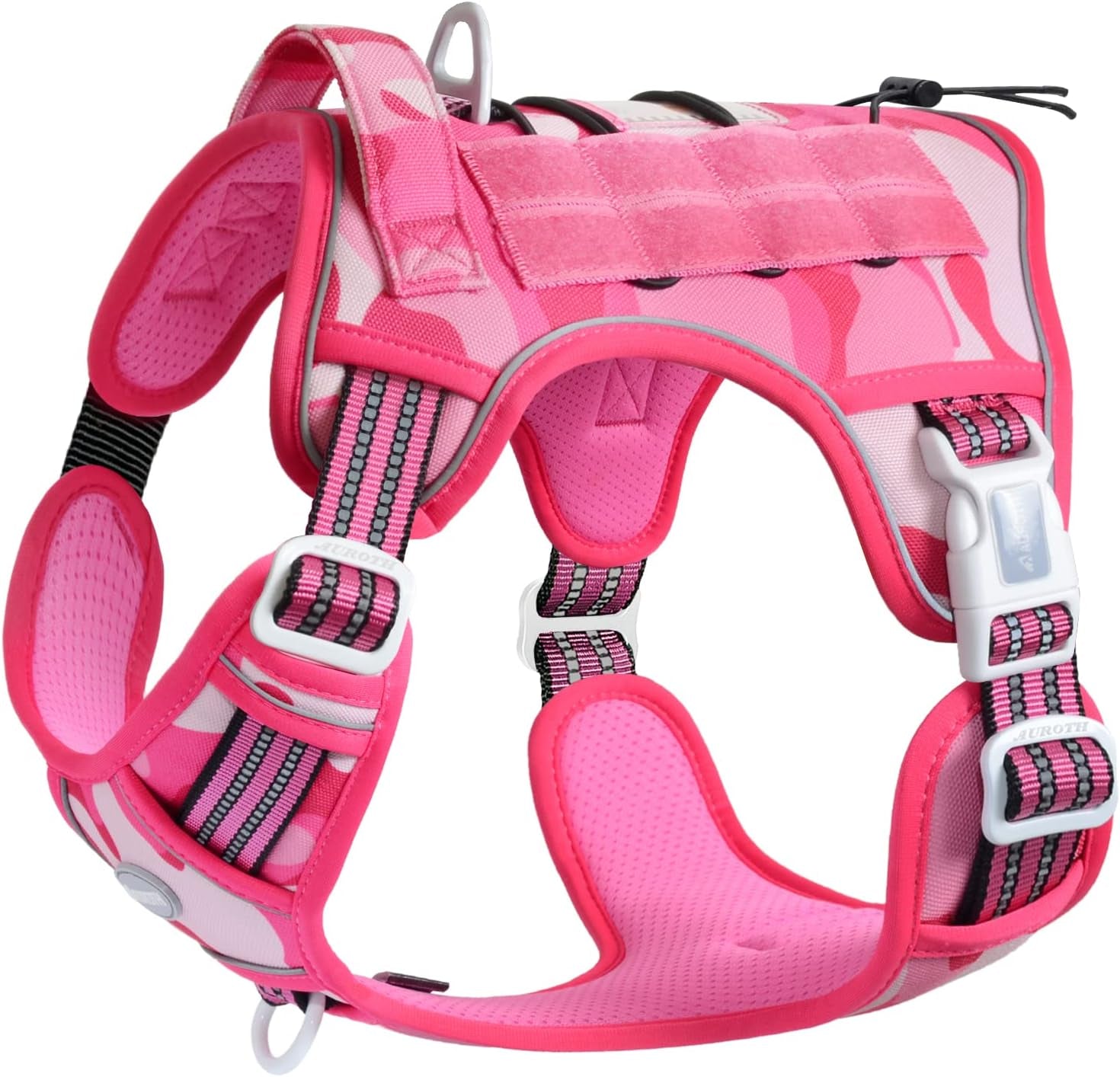 Auroth Tactical Pet Harness for Small Medium Large Dogs No Pull Adjustable, Reflective K9 Working Training Easy Control Vest Military Service Dog, Medium, Pink Camo