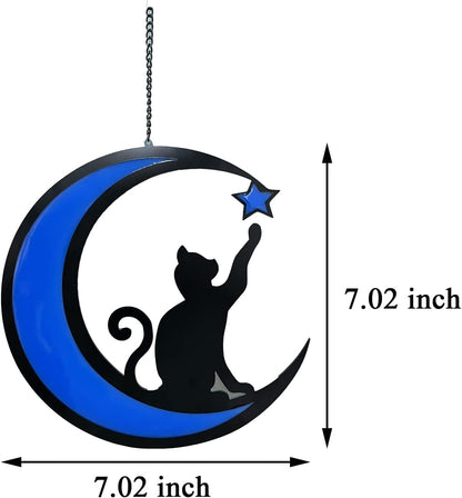 Cat Memorial Gifts Luminous Pet Memorial Gifts Sun Catcher for Cat Lovers Black Cat and Blue Moon Light on Window Loss of Cat Sympathy Gift(Green)