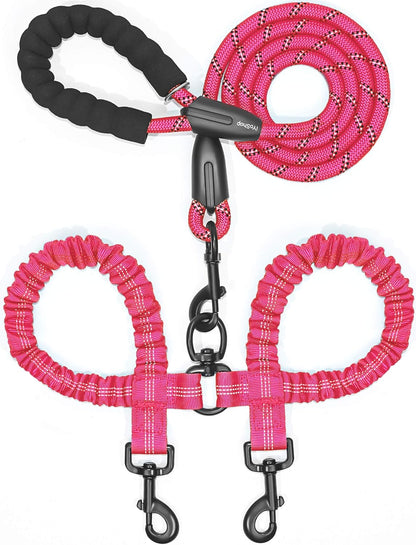 Iyoshop Dual Dog Leash, Double Dog Leash, 360 Swivel No Tangle Walking Leash, Shock Absorbing Bungee for Two Dogs, Pink, Large (25-150 Lbs)