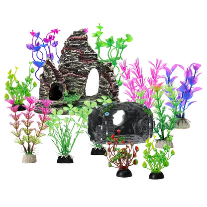 Greenjoy Fish Tank Accessories Aquarium Decorations Rock Plants - 13 Packs Fish Tank Decor Set, Rocks, Plastic Plants Material, Resin Broken Barrel, Fish Cave and Hideout Ornaments Small