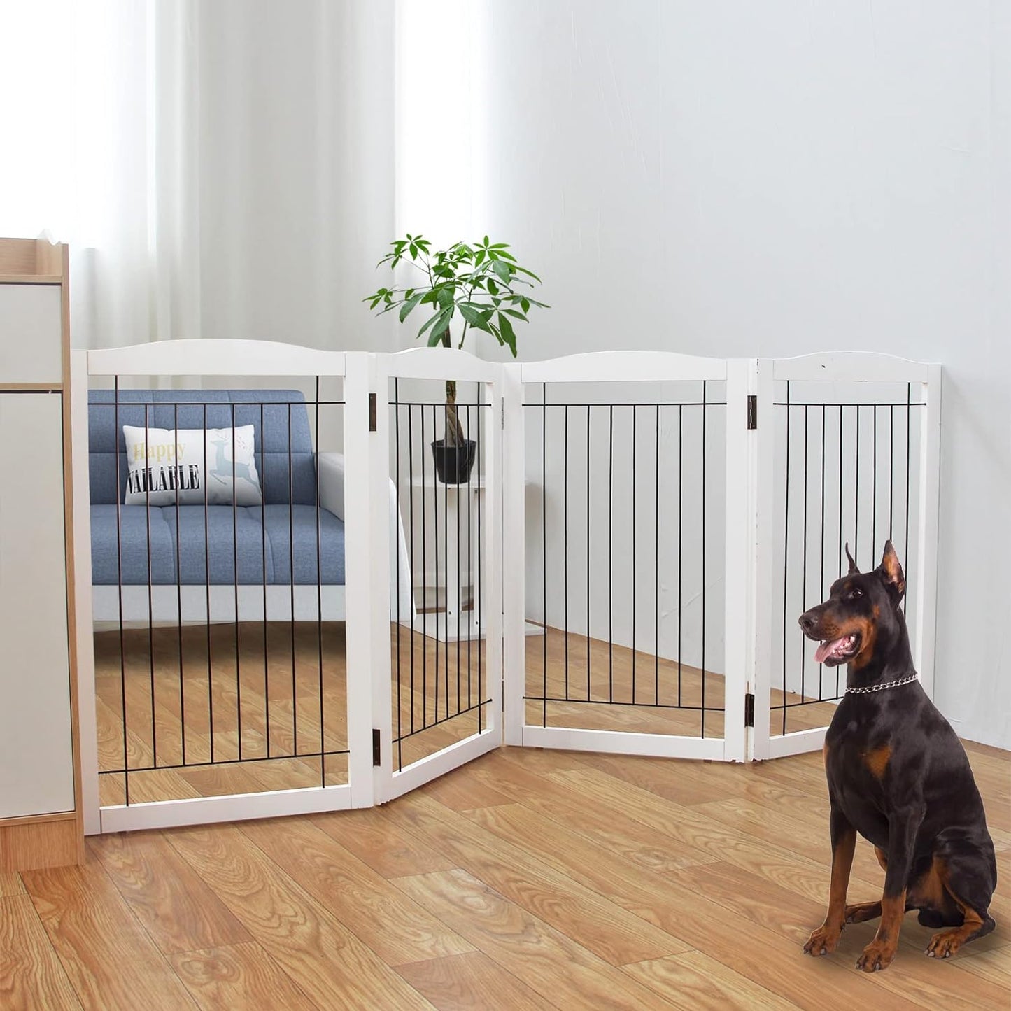 Freestanding Foldable Dog Gate for House Extra Wide Wooden White Puppy Gate Stairs Dog Gates Doorways Tall Pet Gate 4 Panels Fence