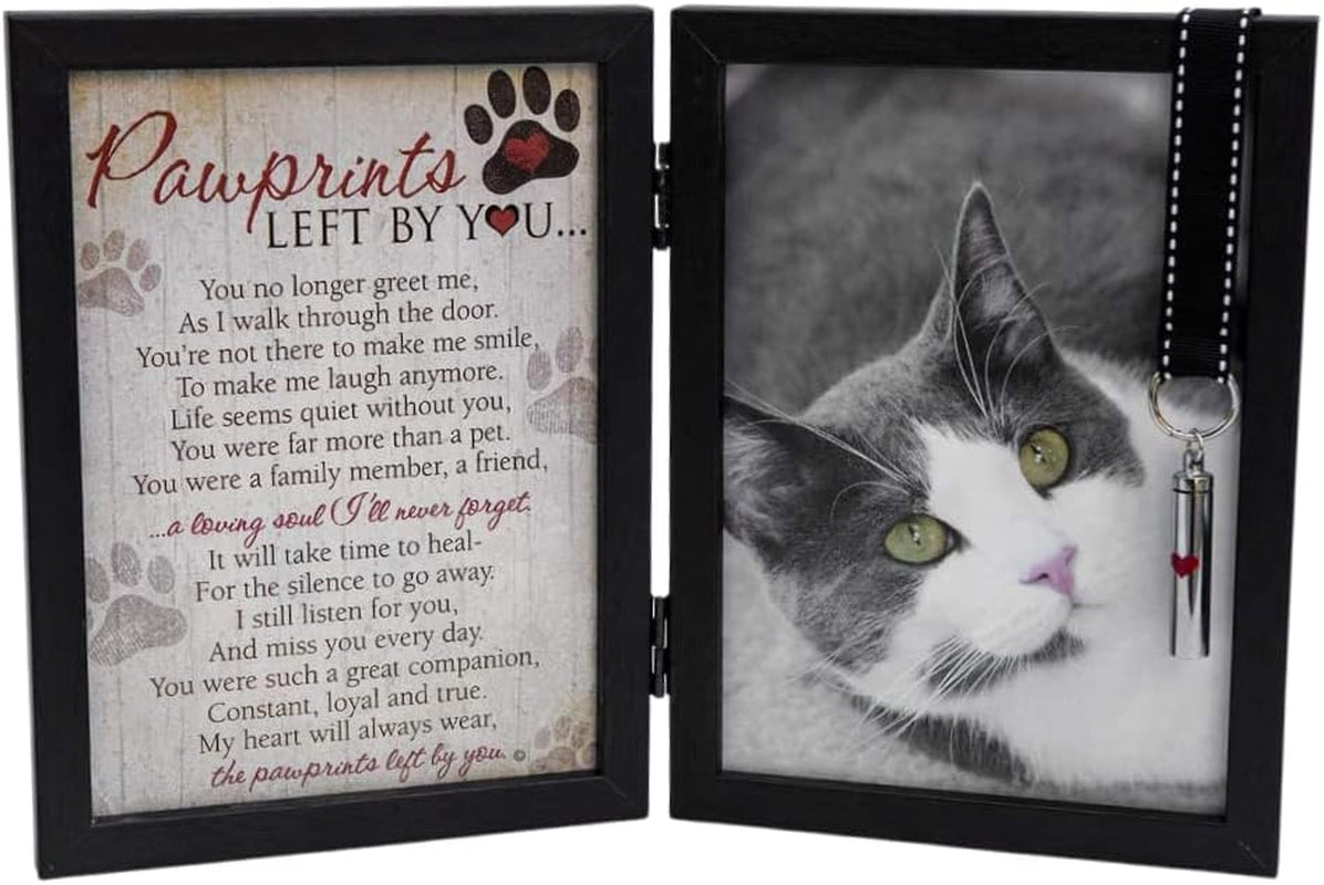 Pawprints Pet Memorial 5" X 7" Frame for Cats with Pawprints Left by You Poem (Frame with Ash Vial) - Beautiful Sympathy Gift to Remember a Beloved Cat - Pet Loss/Bereavement