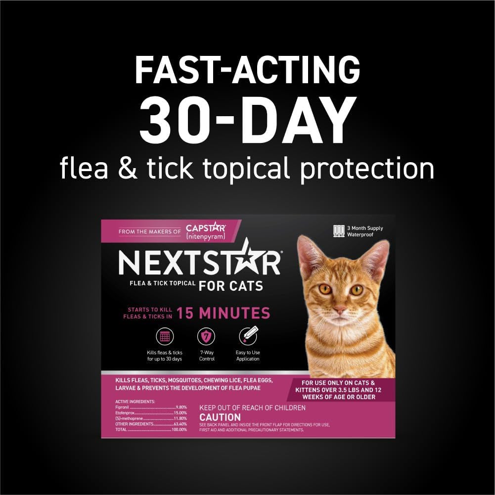 Flea and Tick Prevention for Cats, Repellent, and Control, Fast Acting Waterproof Topical Drops for Cats over 3.5 Lbs, 3 Month Dose