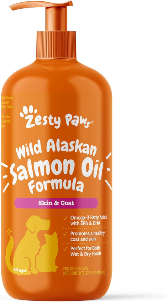 Wild Alaskan Salmon Oil for Dogs & Cats - Omega 3 Skin & Coat Support - Liquid Food Supplement for Pets - Natural EPA + DHA Fatty Acids for Joint Function, Immune & Heart Health 32Oz