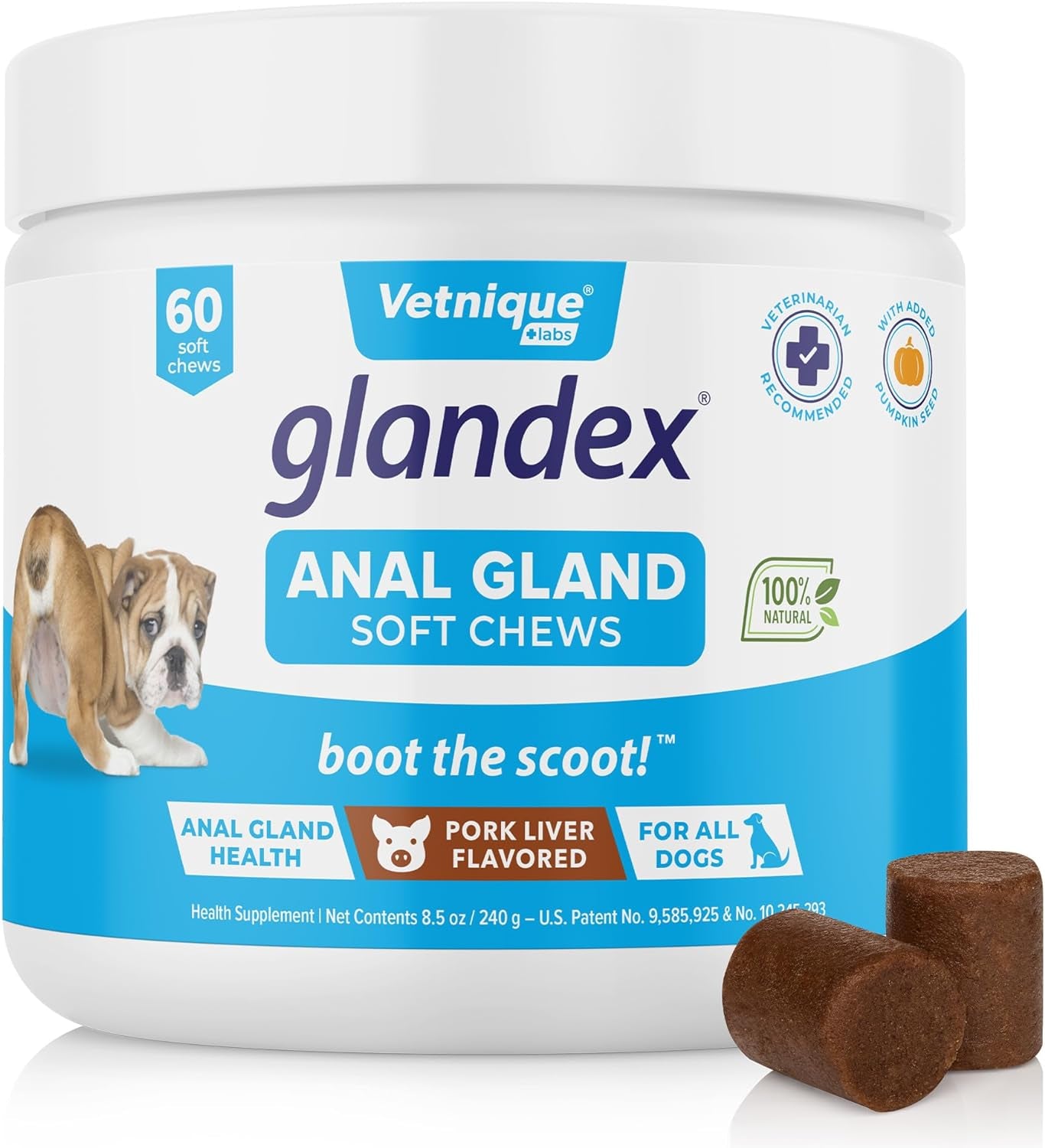 Glandex Anal Gland Soft Chew Treats with Pumpkin for Dogs Digestive Enzymes, Probiotics Fiber Supplement for Dogs Boot the Scoot (Pork Liver Chews, 60Ct)