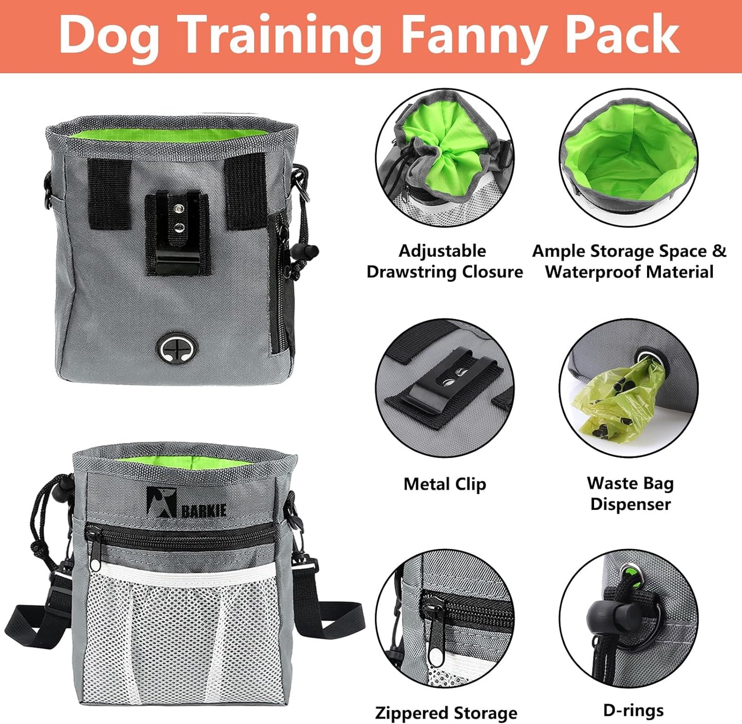 BARKIE Dog Training Kit - Treat Pouch, Pet Training Fanny Pack, 2 Puppy Training Clickers, Ultrasonic Silent Whistle, 2-In-1 Whistle Clicker, Clicker Training Guide Booklet, Dog Poop Bag (Grey)