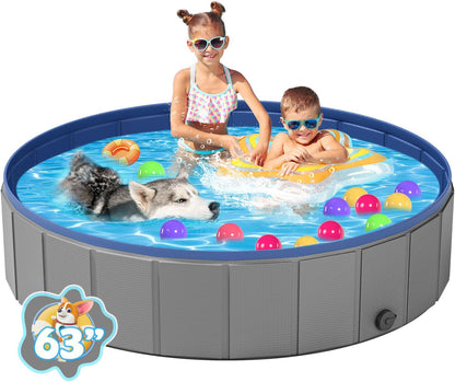 Portable Dog Pool PVC Pet Swimming Pool Bathtub Collapsible Dog Pool, Hard Plastic Pool for Pets to Swim and Bath (Xl-63"X 12" Dark Grey)