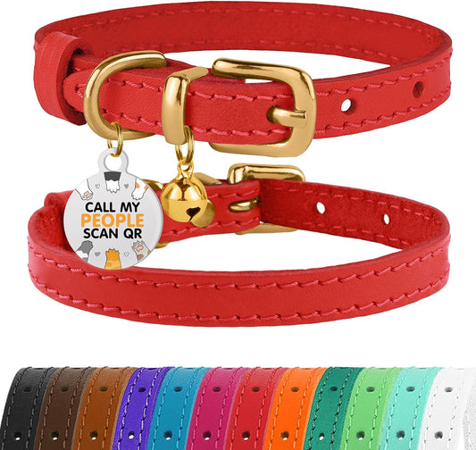 BRONZEDOG Leather Cat Collar with Bells Non Breakaway Kitten QR Tag for Girl Boy (7" - 9" for Cats, Red & Gold)