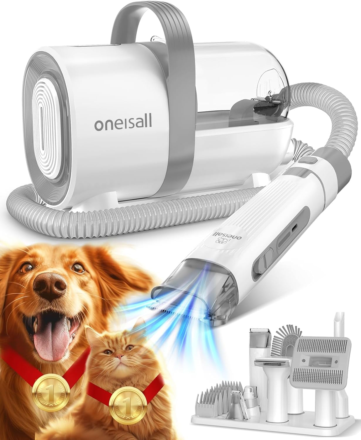 Oneisall Dog Hair Vacuum & Dog Grooming Kit, Pet Grooming Vacuum with Pet Clipper Nail Grinder, 1.5L Dust Cup Dog Brush Vacuum with 7 Pet Grooming Tools for Shedding Pet Hair, Home Cleaning