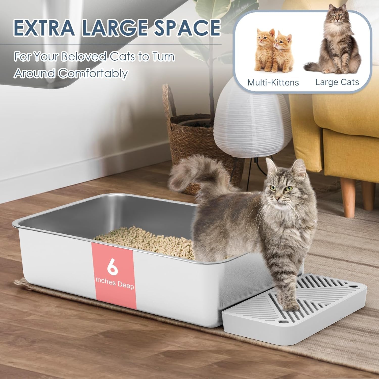 2 Pack 23.6" X 16" X 6" Deep & Extra Large Stainless Steel Cat Litter Boxes, High Sides Metal Cat Litter Box for Multi-Cats Big Cats XL Metal Litter Pan Tray, Non-Sticky, Easy Cleaning