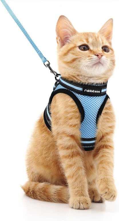 Rabbitgoo Cat Harness and Leash Set for Walking Escape Proof, Adjustable Soft Kittens Vest with Reflective Strip for Cats, Comfortable Outdoor Vest, Light Blue, M