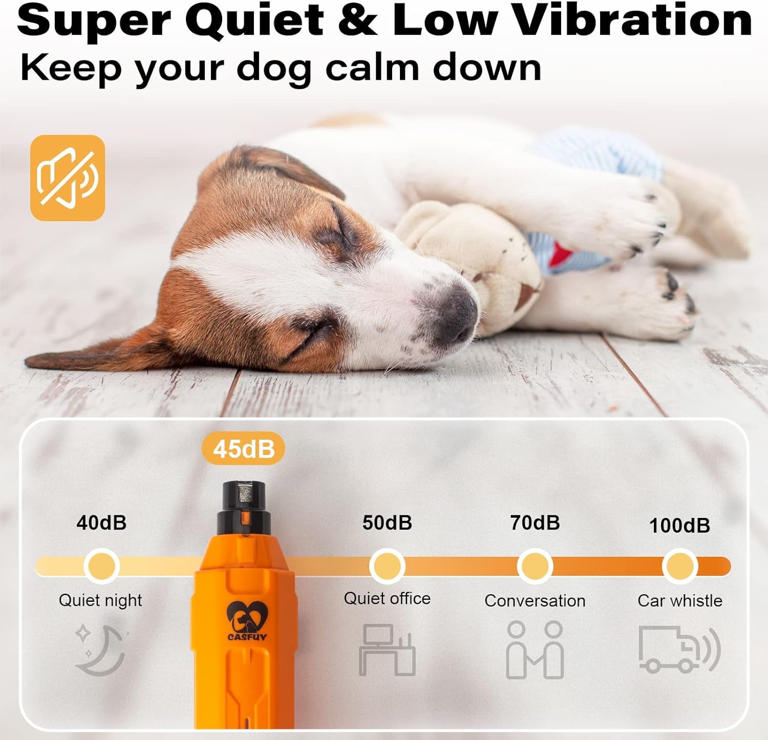 Casfuy 6-Speed Dog Nail Grinder - Newest Enhanced Pet Nail Grinder Super Quiet Rechargeable Electric Dog Nail Trimmer Painless Paws Grooming & Smoothing Tool for Large Medium Small Dogs (Orange)