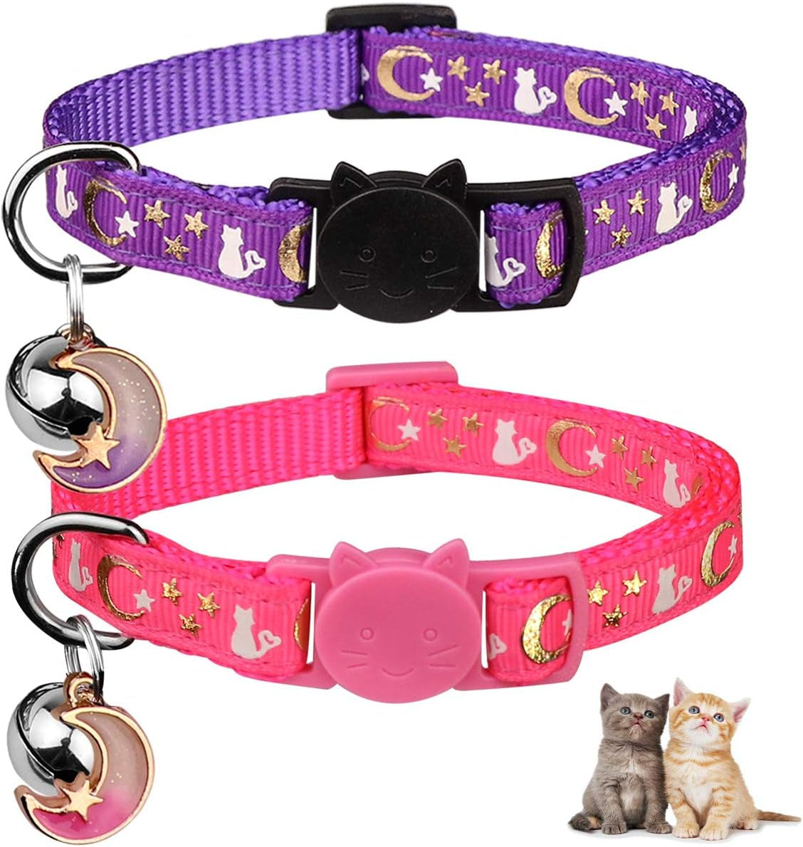 2PCS Breakaway Cat Collars with Bell Moons Stars Cute Kitty Adjustable Safe Kitten Collars with Pendant Glow in the Dark(Black&Blue)