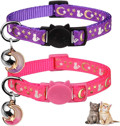 2PCS Breakaway Cat Collars with Bell Moons Stars Cute Kitty Adjustable Safe Kitten Collars with Pendant Glow in the Dark(Black&Blue)