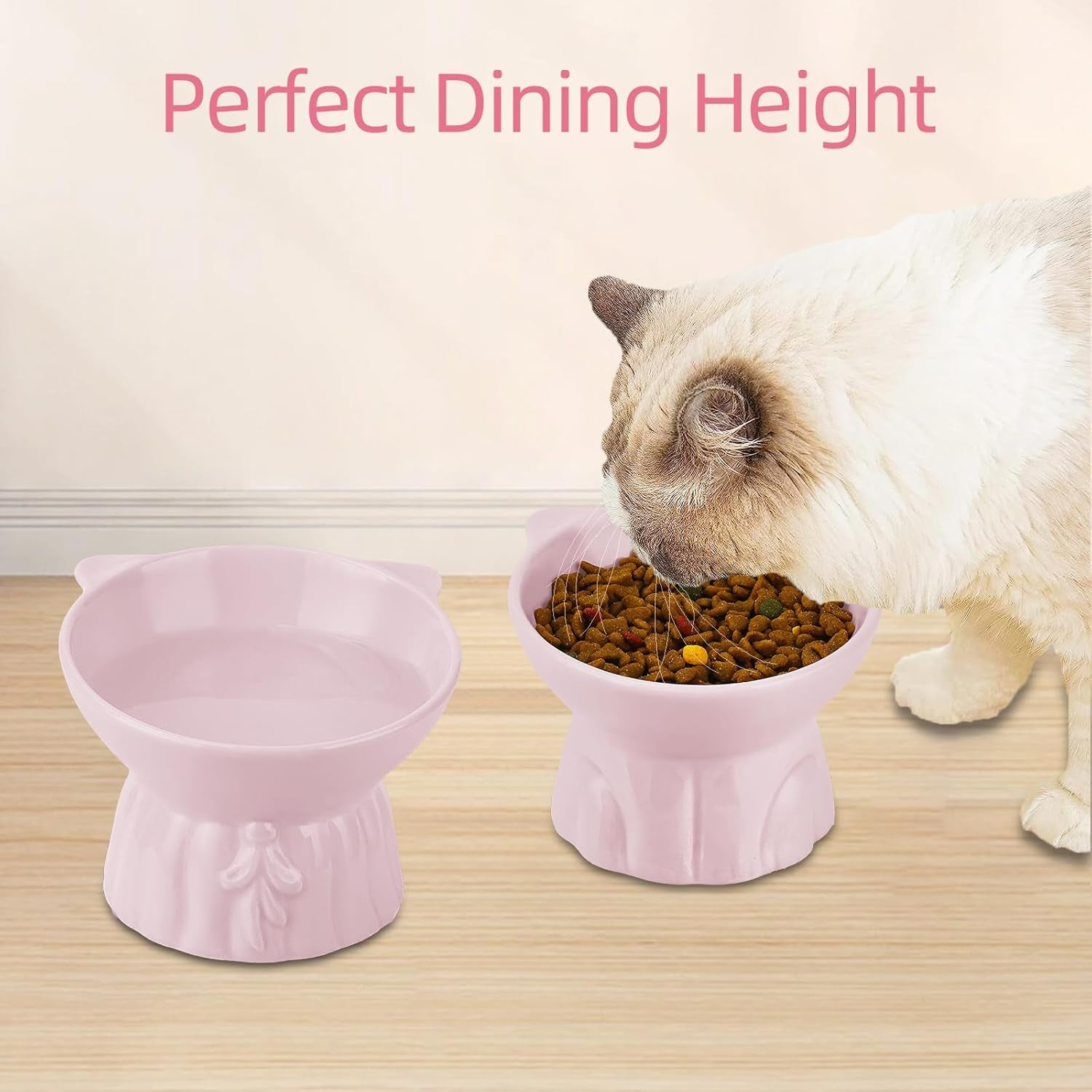 2Pcs Ceramic Elevated Cat Bowls, Extra Wide Raised Cat Bowls for Food and Water, Shallow Cat Food Dish Whisker Friendly, Anti Vomit Cat Bowl Microwave and Dishwasher Safe, Great Height for Cat (Pink)