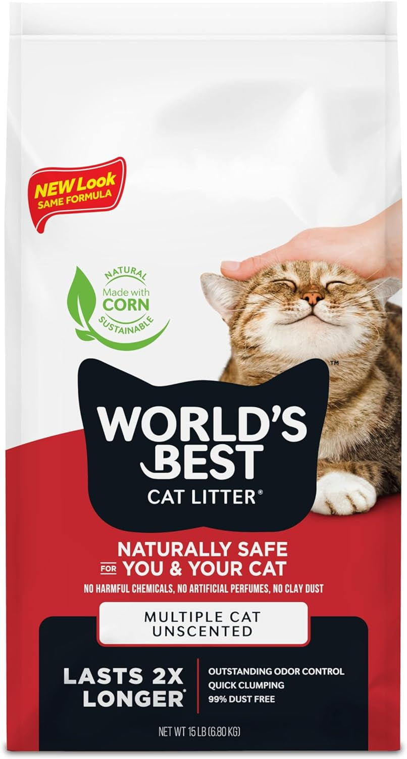 WORLD'S BEST CAT LITTER Multiple Cat Unscented, 15-Pounds - Natural Ingredients, Quick Clumping, Flushable, 99% Dust Free & Made in USA - Long-Lasting Odor Control & Easy Scooping