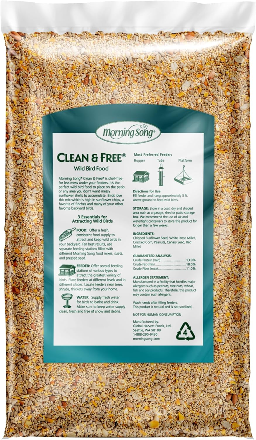 Morning Song Clean & Free Shell Free Wild Bird Food, Premium No Mess Bird Seed for outside Feeders, 10-Pound Bag