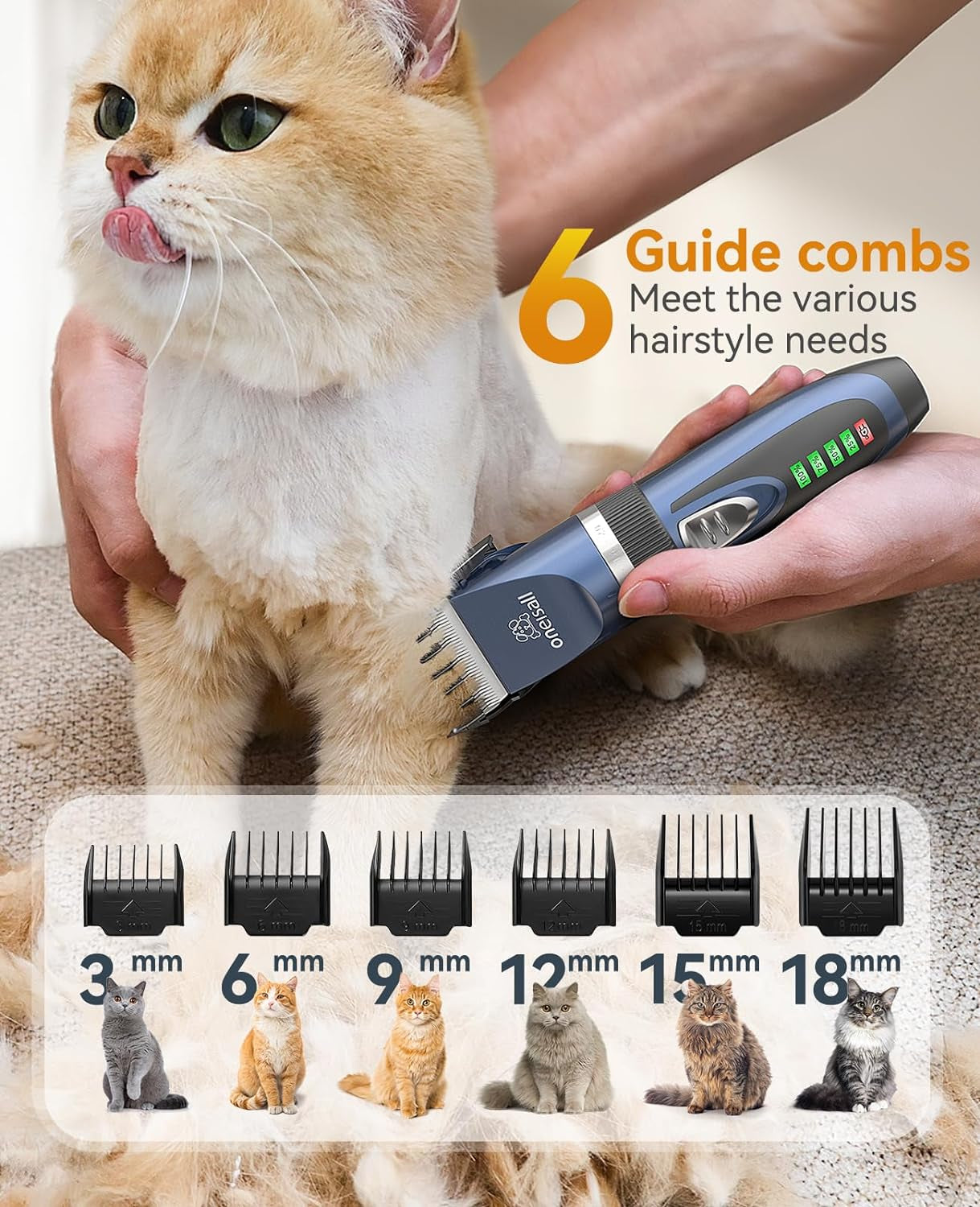 Oneisall Cat Clippers for Matted Hair,3 in 1 Cat Grooming Kit,Quiet Cordless Cat Shaver for Matted Long Hair,2 Speed Cat Hair Trimmer,Pet Clippers for Cats and Small Dogs