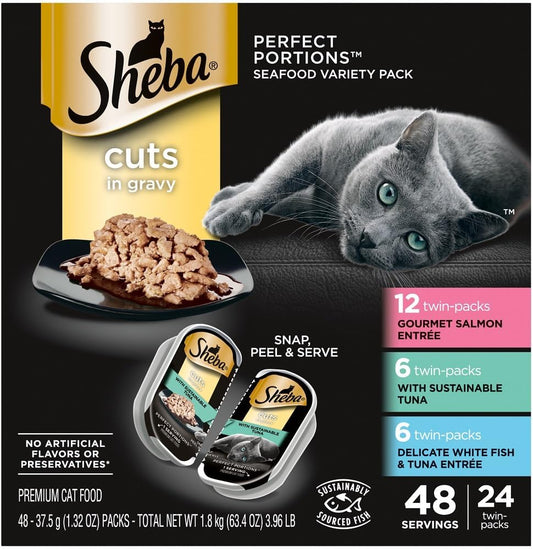 SHEBA PERFECT PORTIONS Cuts in Gravy Adult Wet Cat Food Trays (24 Count, 48 Servings), Gourmet Salmon, Sustainable Tuna, and Delicate Whitefish & Tuna Entrée, Easy Peel Twin-Pack