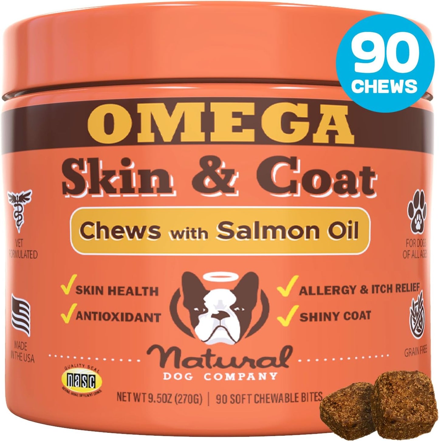 Natural Dog Company Skin & Coat Chews, Salmon & Peas Flavor, Dog Vitamins and Supplements for Healthy Skin & Coat, Itch Relief for Dogs with Allergies, with Biotin, Vitamin E, Omega 3, Antioxidant