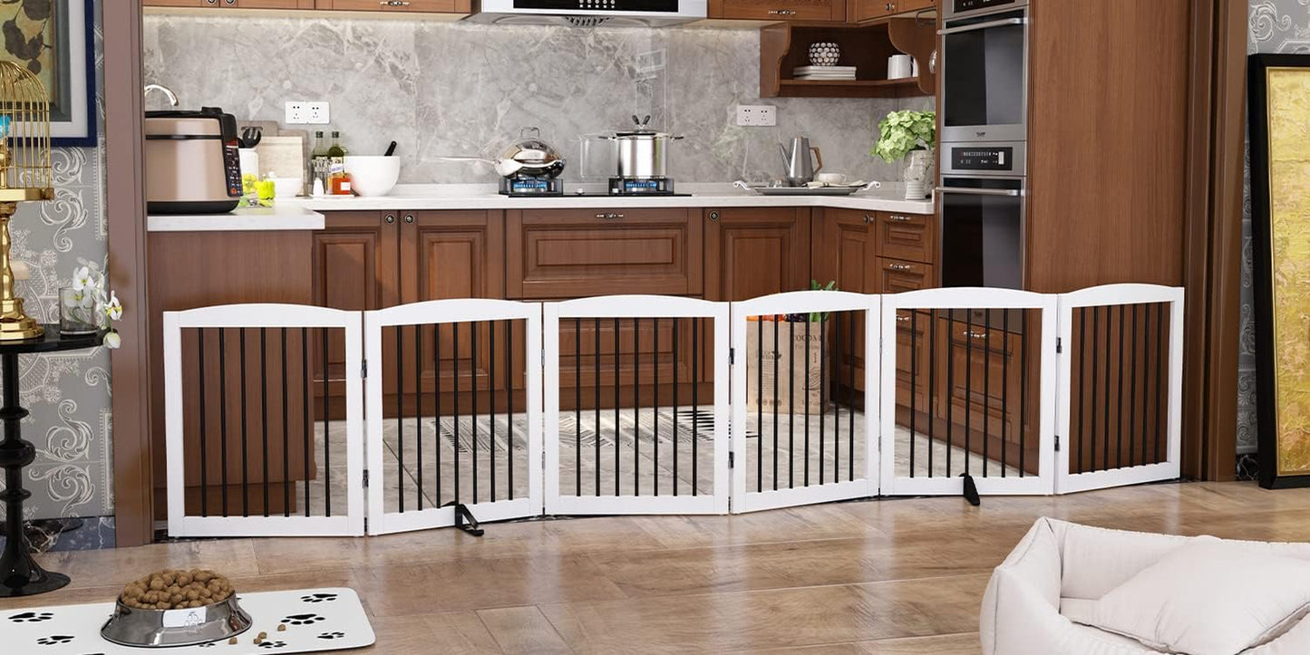 Freestanding Pet Gate for Dogs, Foldable Wooden Dog Gate for House, Extra Wide Dog Gate, Indoor Dog Gate for Stair, Doorway, Hall, Support Feet Included, 120 Inch Wide, 6 Panels 24", White