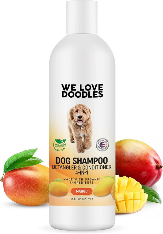 USDA Organic Dog Shampoo, Conditioner & Detangler - Best Shampoo for Goldendoodles, Poodles & Doodles - Pet Shampoo for Matted Hair - Sensitive Skin Shampoo for Puppies - Made in the USA, 16OZ (Mango)