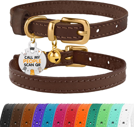 BRONZEDOG Leather Cat Collar with Bell Non Breakaway Kitten QR Tag for Girl Boy (9" - 12" Cats/Mini Dogs, Dark Brown & Gold)