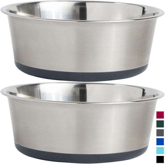 Gorilla Grip Stainless Steel Metal Dog Bowl Set of 2, Rubber Base, Heavy Duty, Rust Resistant, Food Grade BPA Free, Less Sliding, Quiet Pet Bowls for Cats and Dogs, Holds 4 Cups (32 Fl Oz), Gray