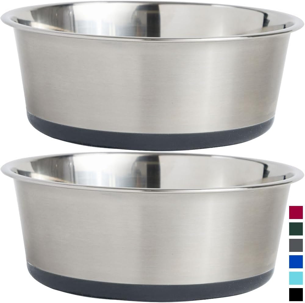 Gorilla Grip Stainless Steel Metal Dog Bowl Set of 2, Rubber Base, Heavy Duty, Rust Resistant, Food Grade BPA Free, Less Sliding, Quiet Pet Bowls for Cats and Dogs, Holds 8 Cups (64 Fl Oz), Gray