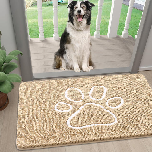 Smiry Dog Door Mat for Muddy Paws, Absorbent Dirt Trapper Non-Slip Washable Mat, Quick Dry Chenille, Mud Mat for Dogs, Entry Indoor Door Mat for inside Floor (24X16 Inches, Beige)