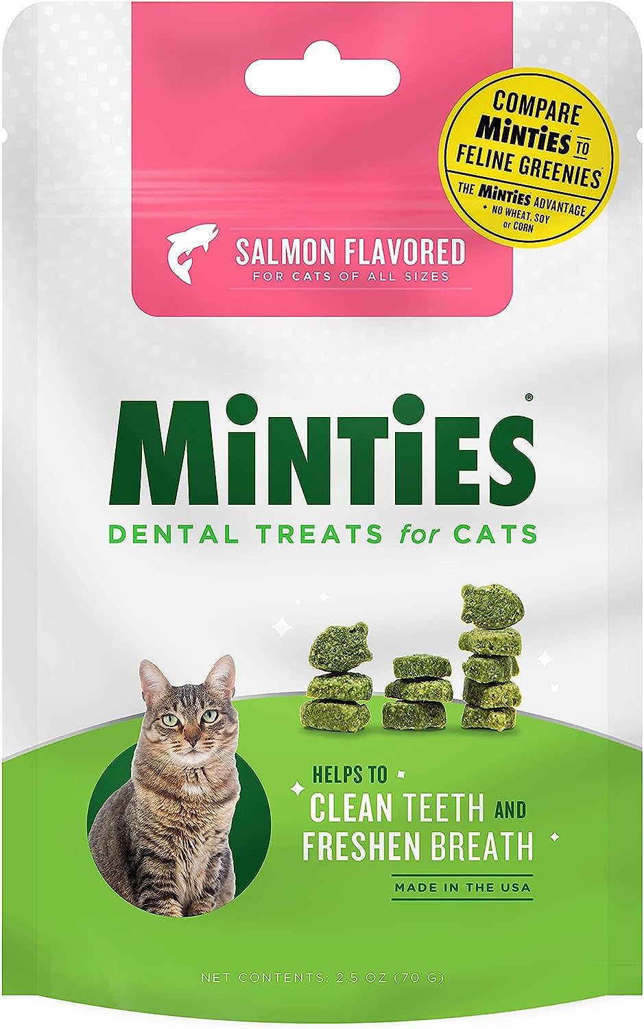 Minties Dental Treats for Cats, (Chicken/Salmon) Flavored Treats for Cats, Freshens Breath and Controls Tartar, 2.5Oz