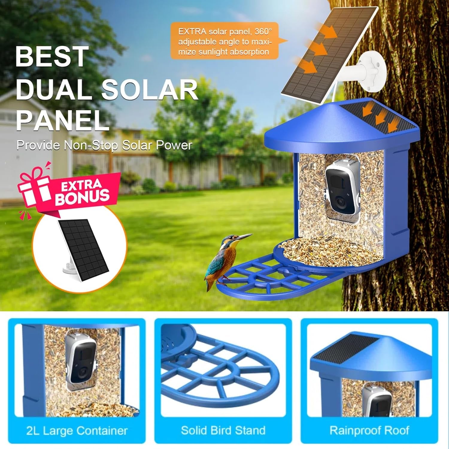 PeckCam® Bird Feeder with Camera, 2K HD AI Identify Birds Species, Bird Feeder with Camera Solar Powered, Auto Record Birds Video, Instant Notifications, Ideal Gifts for Family and Bird Lovers