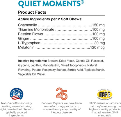 Naturvet Quiet Moments Calming Aid Melatonin Dog Supplement – Helps Reduce Stress in Dogs – for Pet Storm Anxiety, Fireworks, Motion Sickness, Grooming, Separation, Travel – 240 Ct. Chews