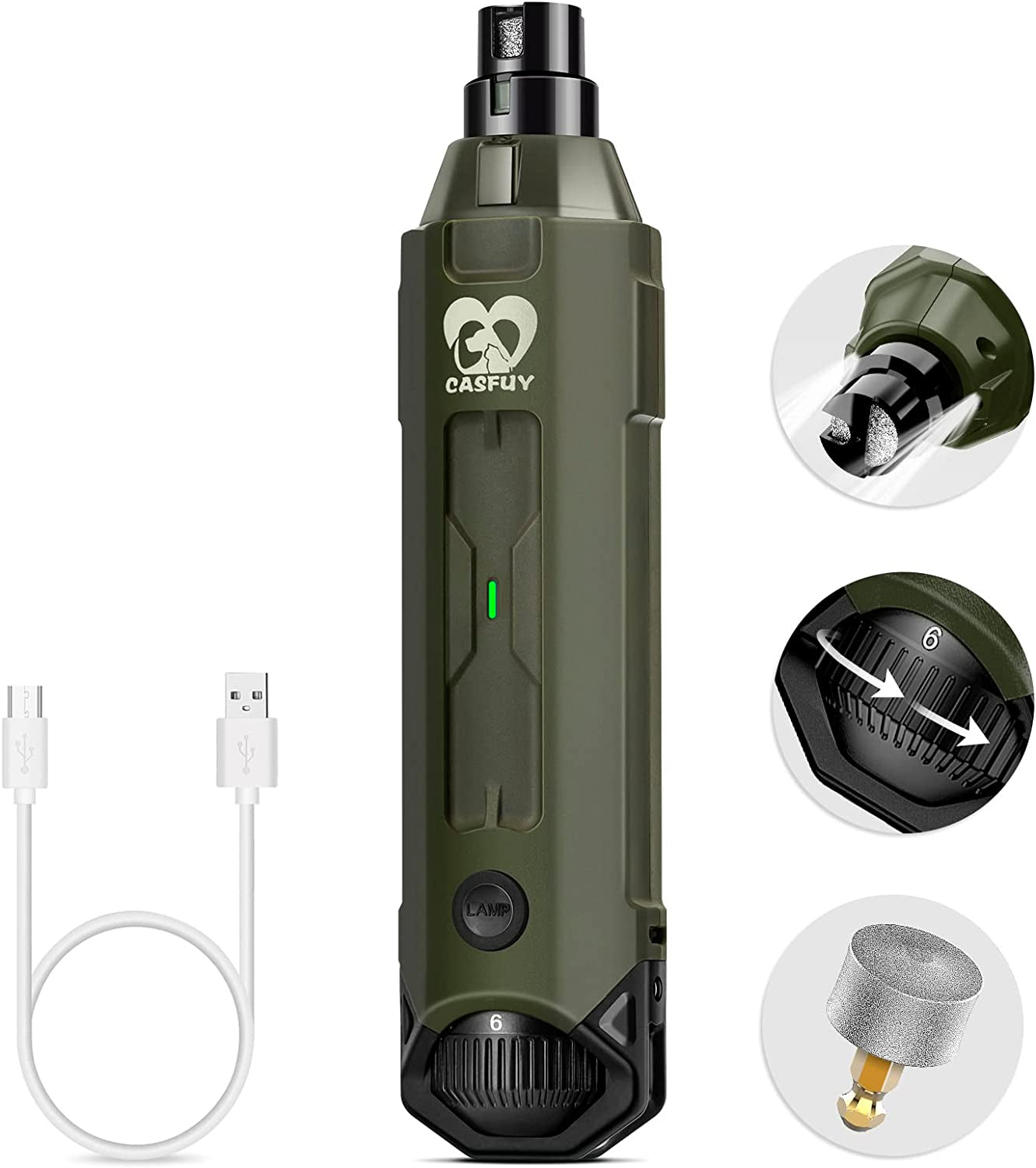 Casfuy 6-Speed Dog Nail Grinder - Newest Enhanced Pet Nail Grinder Super Quiet Rechargeable Electric Dog Nail Trimmer Painless Paws Grooming & Smoothing Tool for Large Medium Small Dogs (Army Green)