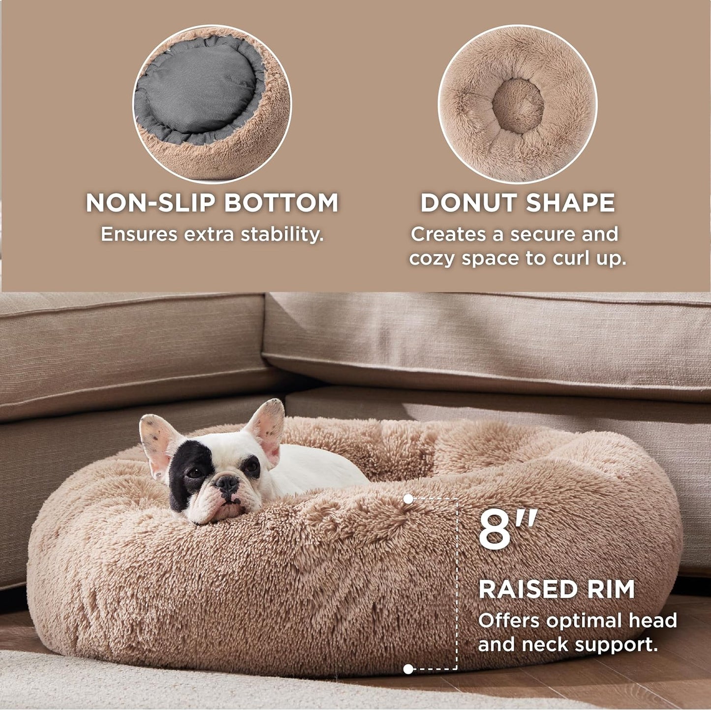 Bedsure Calming Dog Bed for Large Dogs - Donut Washable Large Pet Bed, 36 Inches anti Anxiety round Fluffy Plush Faux Fur Dog Bed, Fits up to 100 Lbs Pets, Camel