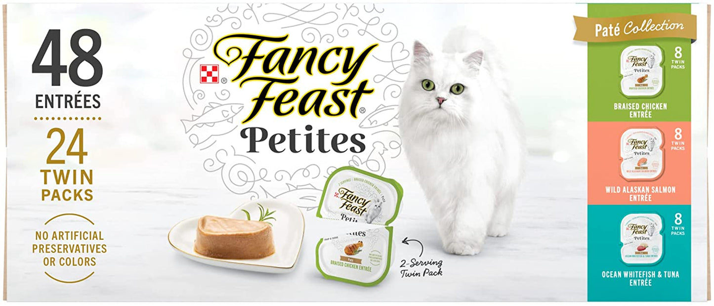 Purina Fancy Feast Gourmet Wet Cat Food Variety Pack, Petites Pate Collection, break-apart tubs, 48 servings - (Pack of 24) 2.8 oz. Tubs