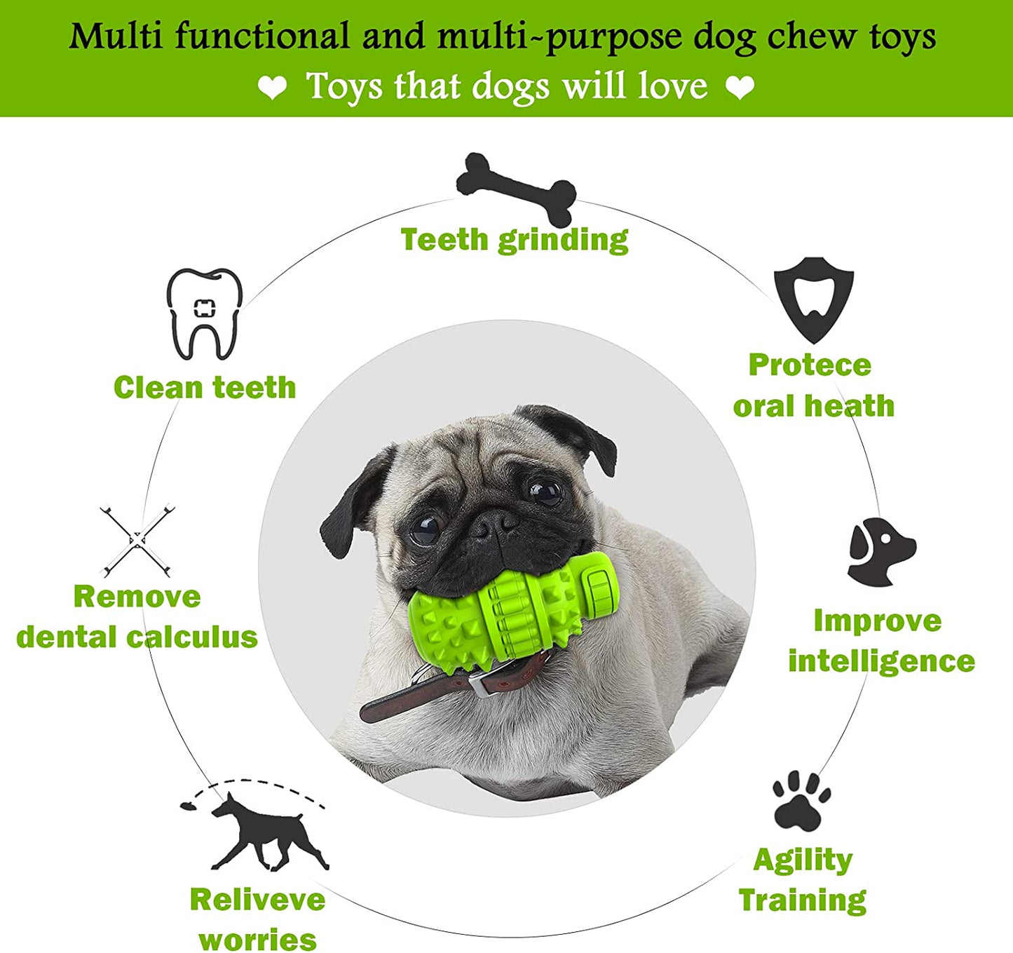 Natural Rubber Dog Toy for Small Medium Breed Aggressive Chewer Super Power Dog Chew Toys Squeaky Dog Birthday Toy Dog Toothbrush Interactive Tough Durable Dog Toys(Green,Small)