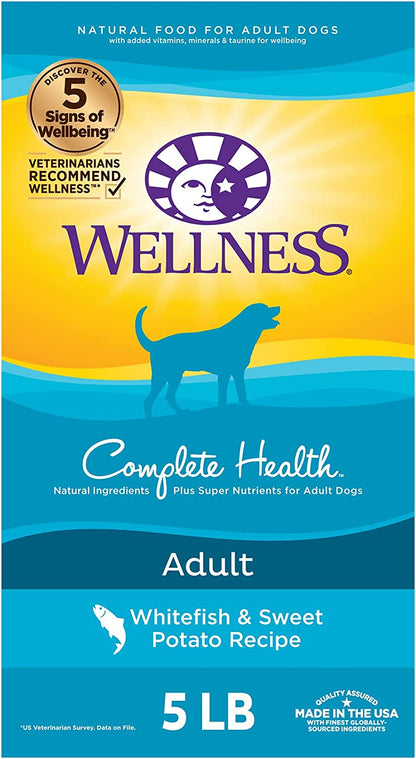 Wellness Complete Health Dry Dog Food with Grains, Natural Ingredients, Made in USA with Real Meat, All Breeds, for Adult Dogs (Whitefish & Sweet Potato, 5-Pound Bag)